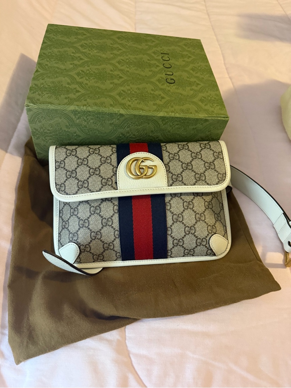 Gucci Beige GG Supreme Crossbody with White Trim and Red-Navy Web Stripe